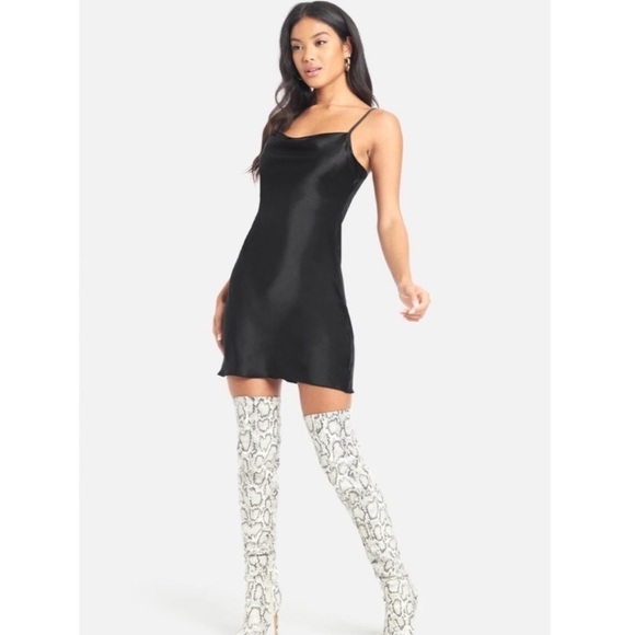 Bebe Cowl Neck True Black Satin Slip Mini Dress Size Large NWT - Picture 1 of 15
